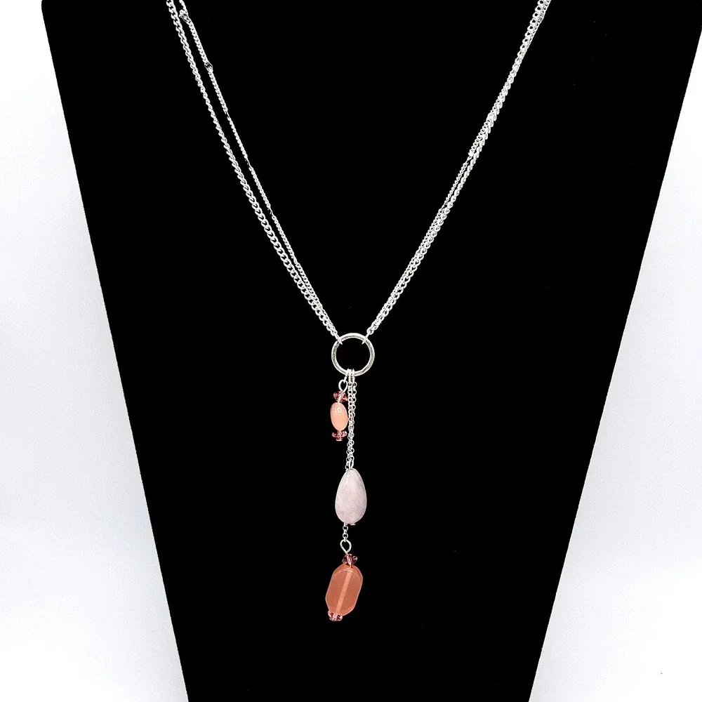 Bill Blass Double Strand Necklace‎ Pink Bead Signed Silver